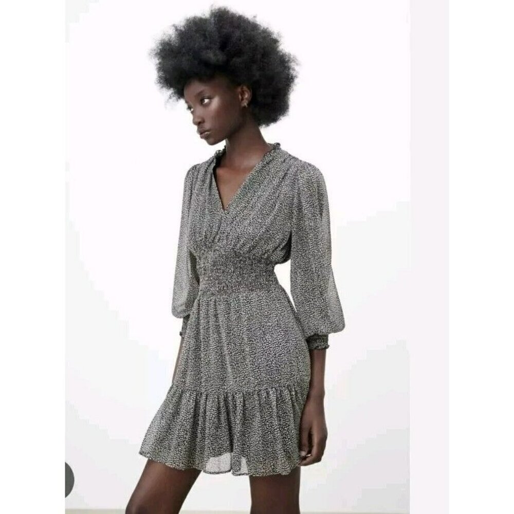 New Zara Dress XL Black White Long Sleeve V-neck Elastic Waist Abstract 2276 741